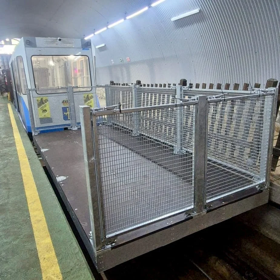 Plataforma de transporte de mercancías junto al vehículo