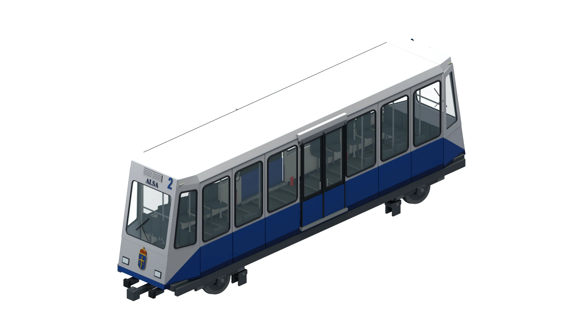 Recreación visual del funicular completo, con carrocería blanca y azul